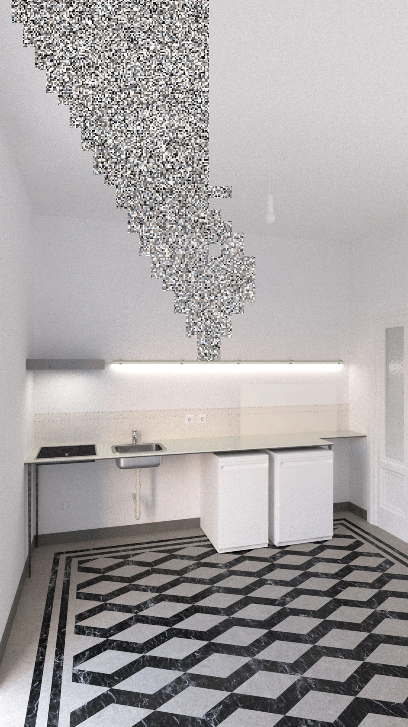 Lite punk kitchen cantilevered bench concept by Office of Alexei Haddad with greaseproof paper splashback and stainless steel, 2024